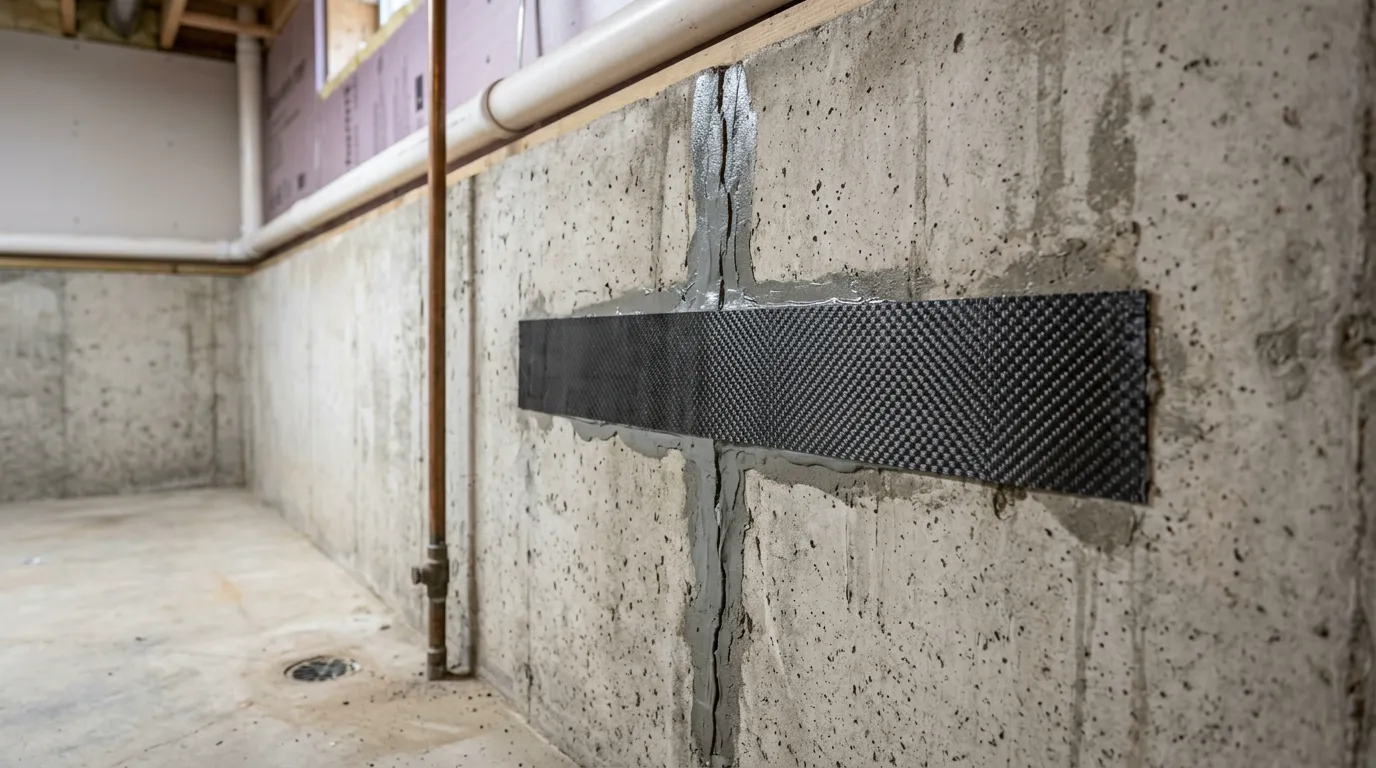 Repaired vertical crack sealed in a poured concrete foundation wall