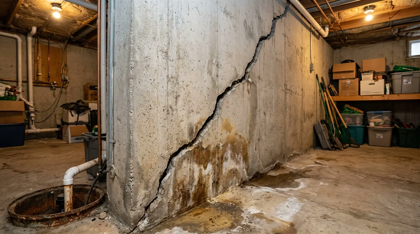Large diagonal crack in a poured concrete basement foundation wall, a sign of foundation settlement